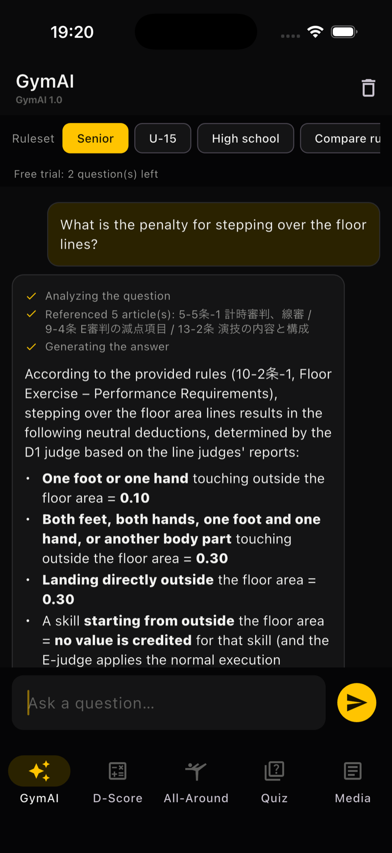 GymAI Rules Chat — answering a floor line penalty question with ruleset selection, a 5-article reference log, and rule citations