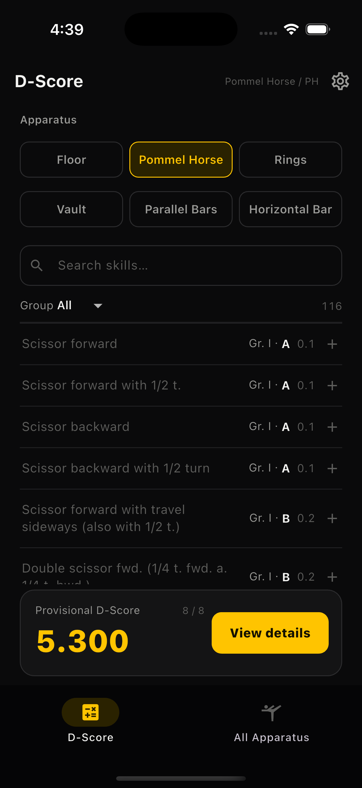 Gymnastics AI D-Score Calculator App — Event selection screen for Floor Exercise, Pommel Horse, Still Rings, Vault, Parallel Bars, Horizontal Bar
