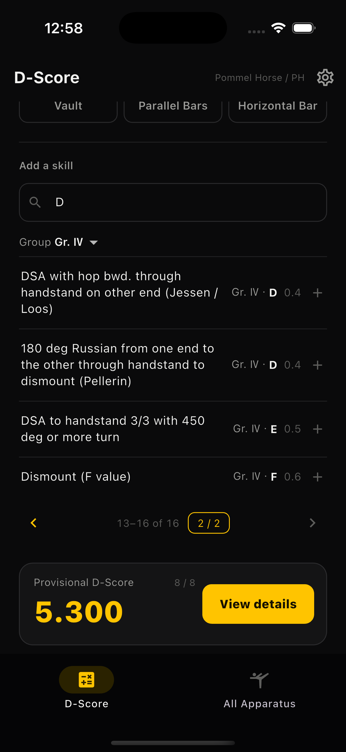 Gymnastics AI App — Select elements by difficulty from the element list
