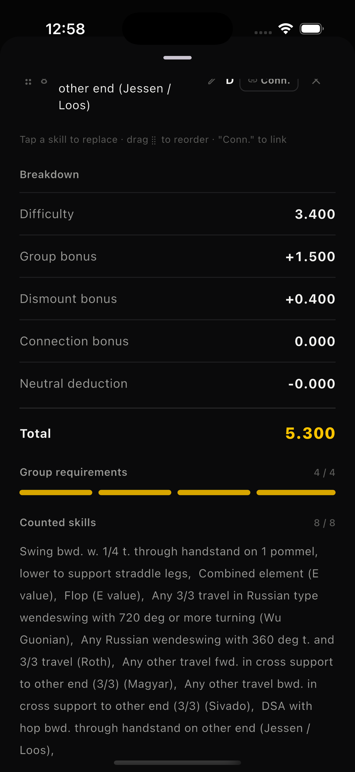 Gymnastics AI App — D-Score calculation result breakdown (Difficulty Value, Element Group bonus, Connection Value, ND)